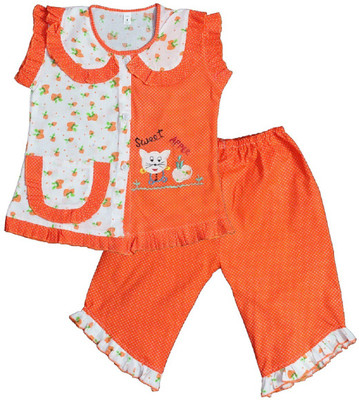 

BownBee Kids Nightwear Girls Self Design Cotton(Multicolor Pack of 1, Orange & white