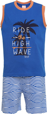

FS Mini Klub Kids Nightwear Boys Solid, Printed Cotton(Blue Pack of 2