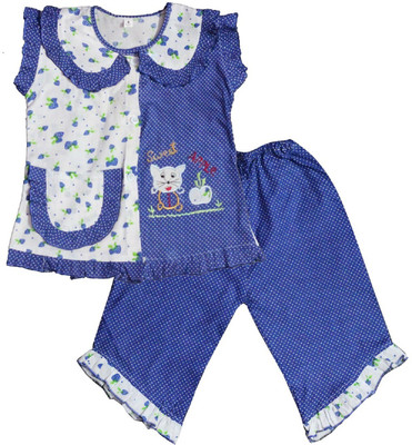 

BownBee Kids Nightwear Girls Self Design Cotton(Multicolor Pack of 1, Blue & white
