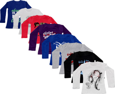 

IndiWeaves Girls Printed Cotton T Shirt(Dark Blue, Pack of 8, Black;blue;dark blue;grey;purple;red;white