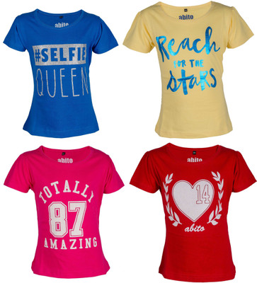 

Abito Girls Printed Cotton T Shirt(Multicolor, Pack of 4