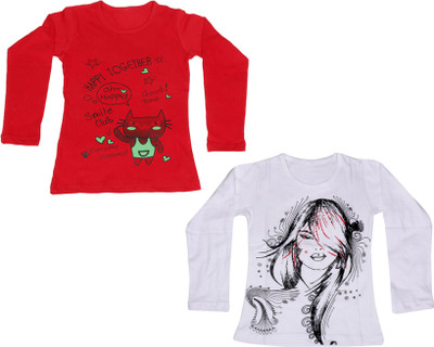 

IndiWeaves Girls Printed Cotton T Shirt(Multicolor, Pack of 2, Red;white