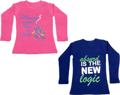 

IndiWeaves Girls Printed Cotton T Shirt(Multicolor, Pack of 2, Blue;pink