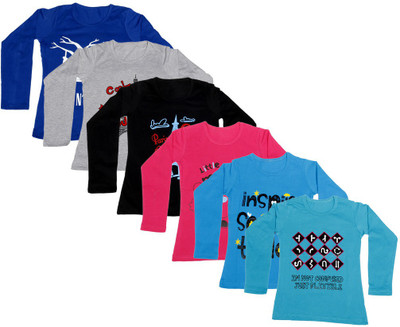 

IndiWeaves Girls Printed Cotton T Shirt(Multicolor, Pack of 6, Black;blue;grey;red