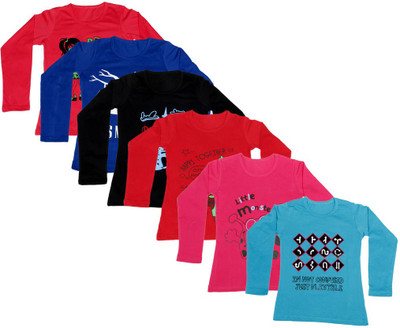 

IndiWeaves Girls Printed Cotton T Shirt(Multicolor, Pack of 6, Black;blue;red