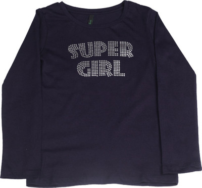 

United Colors of Benetton Girls Embellished Cotton T Shirt(Dark Blue, Pack of 1, K25