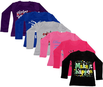 

IndiWeaves Girls Printed Cotton T Shirt(Multicolor, Pack of 6, Black;blue;grey;pink;purple;red
