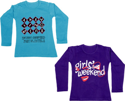 

IndiWeaves Girls Printed Cotton T Shirt(Multicolor, Pack of 2, Blue;purple