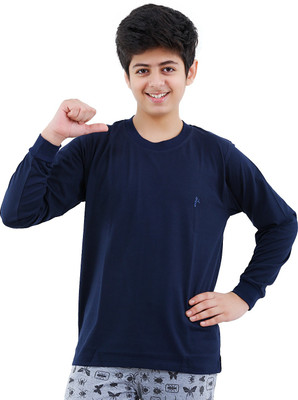 Fizzi Boys & Girls Solid Cotton Polyester Blend T Shirt(White, Pack of 1, Navy blue