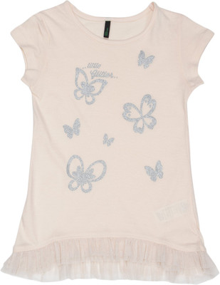 

United Colors of Benetton Girls Printed Cotton T Shirt(Beige, Pack of 1