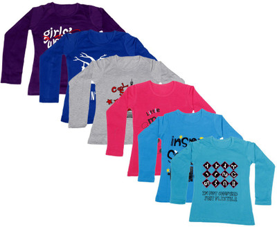 

IndiWeaves Girls Printed Cotton T Shirt(Multicolor, Pack of 6, Blue;grey;purple;red