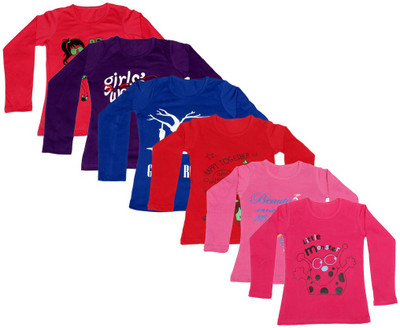 

IndiWeaves Girls Printed Cotton T Shirt(Multicolor, Pack of 6, Blue;pink;purple;red