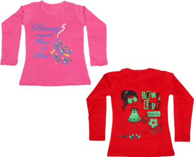

IndiWeaves Girls Printed Cotton T Shirt(Multicolor, Pack of 2, Pink;red
