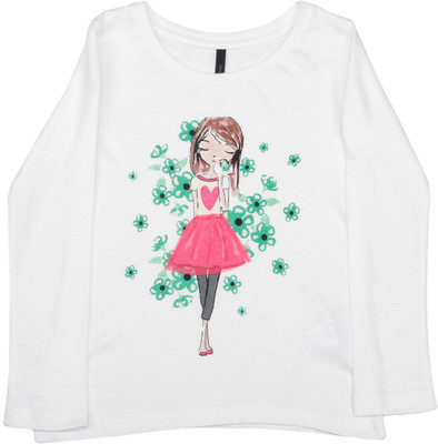 

United Colors of Benetton Girls Printed Cotton T Shirt(White, Pack of 1, K44