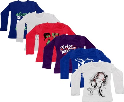 IndiWeaves Girls Printed Cotton Blend Regular T Shirt(Multicolor, Pack of 6)