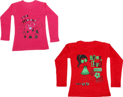 

IndiWeaves Girls Printed Cotton T Shirt(Multicolor, Pack of 2, Pink;red