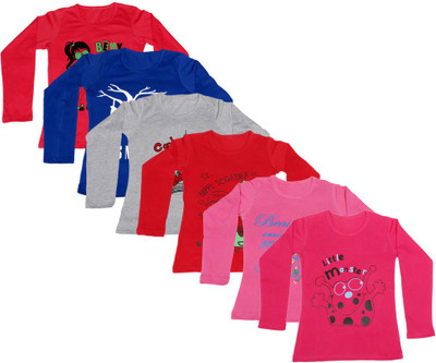 

IndiWeaves Girls Printed Cotton T Shirt(Multicolor, Pack of 6, Blue;grey;pink;red