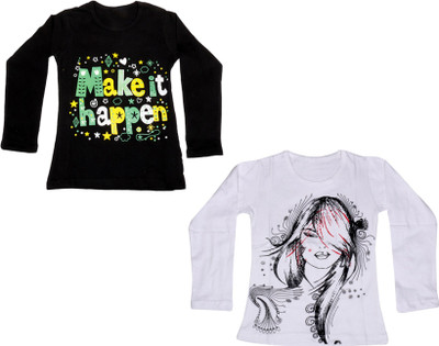 

IndiWeaves Girls Printed Cotton T Shirt(Multicolor, Pack of 2, Black;white