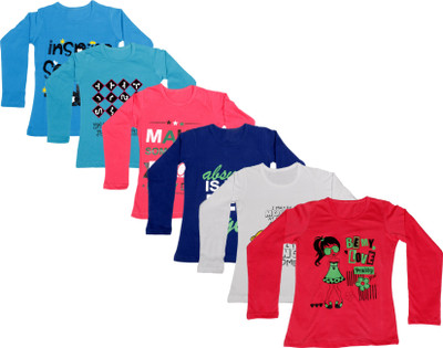 

IndiWeaves Girls Printed Cotton T Shirt(Multicolor, Pack of 6, Blue;dark blue;pink;red;white