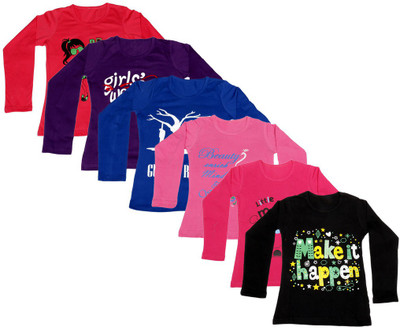 

IndiWeaves Girls Printed Cotton T Shirt(Multicolor, Pack of 6, Black;blue;pink;purple;red