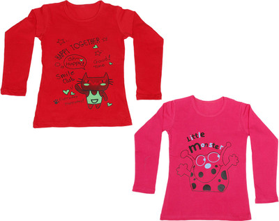 

IndiWeaves Girls Printed Cotton T Shirt(Multicolor, Pack of 2, Pink;red