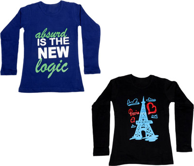 

IndiWeaves Girls Printed Cotton T Shirt(Multicolor, Pack of 2, Black;blue