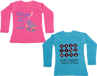 

IndiWeaves Girls Printed Cotton T Shirt(Multicolor, Pack of 2, Blue;pink