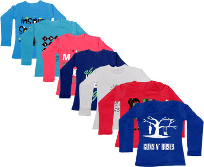 

IndiWeaves Girls Printed Cotton T Shirt(Dark Blue, Pack of 7, Blue;dark blue;pink;red;white