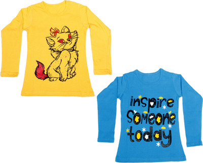 

IndiWeaves Girls Printed Cotton T Shirt(Multicolor, Pack of 2, Blue;yellow