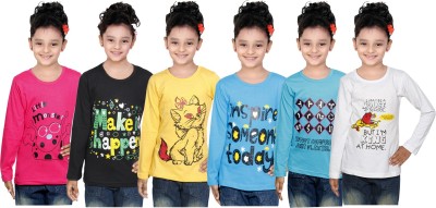 IndiWeaves Girls Printed Cotton Blend T Shirt(Multicolor, Pack of 6)