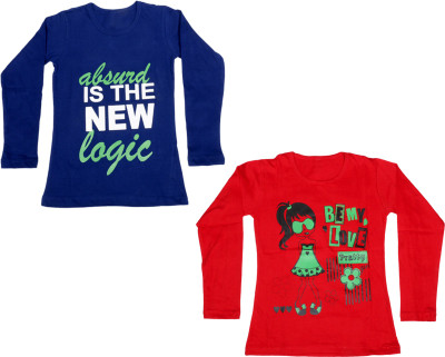 

IndiWeaves Girls Printed Cotton T Shirt(Multicolor, Pack of 2, Blue;red