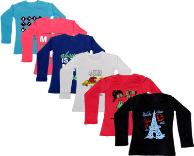 

IndiWeaves Girls Printed Cotton T Shirt(Multicolor, Pack of 6, Black;blue;dark blue;pink;red;white