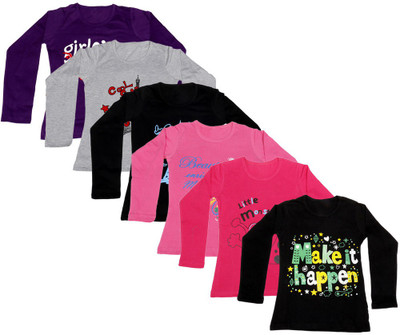 

IndiWeaves Girls Printed Cotton T Shirt(Multicolor, Pack of 6, Black;grey;pink;purple;red