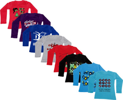 

IndiWeaves Girls Printed Cotton T Shirt(Multicolor, Pack of 8, Black;blue;grey;purple;red