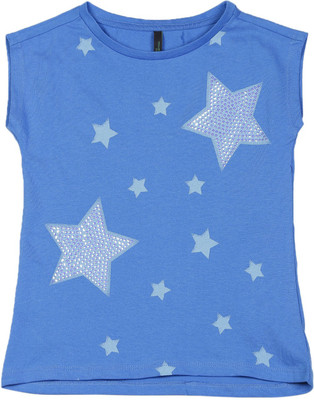 

United Colors of Benetton Girls Printed Cotton T Shirt(Blue, Pack of 1, 1ak