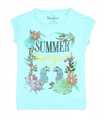 

Pepe Girls Printed Cotton T Shirt(Blue, Pack of 1