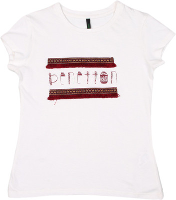 

United Colors of Benetton Girls Applique Cotton T Shirt(White, Pack of 1, K44