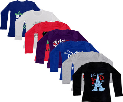 

IndiWeaves Girls Printed Cotton T Shirt(Dark Blue, Pack of 7, Black;blue;dark blue;grey;purple;red;white
