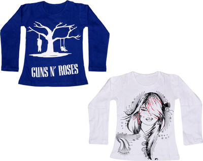 

IndiWeaves Girls Printed Cotton T Shirt(Multicolor, Pack of 2, Blue;white