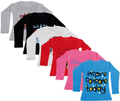 

IndiWeaves Girls Printed Cotton T Shirt(Multicolor, Pack of 6, Black;blue;grey;pink;red;white