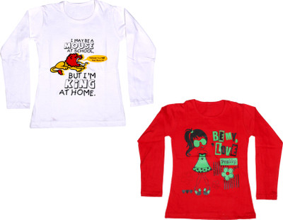

IndiWeaves Girls Printed Cotton T Shirt(Multicolor, Pack of 2, Red;white