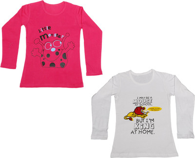 

IndiWeaves Girls Printed Cotton T Shirt(Multicolor, Pack of 2, Pink;white