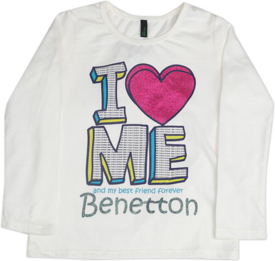

United Colors of Benetton Girls Printed Cotton T Shirt(White, Pack of 1, K44