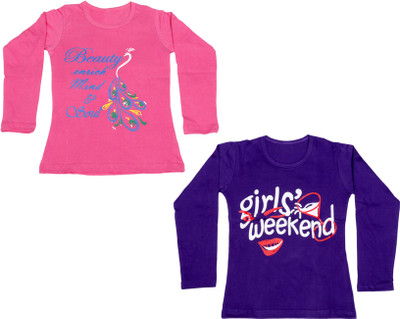 

IndiWeaves Girls Printed Cotton T Shirt(Multicolor, Pack of 2, Pink;purple