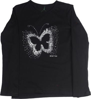 

United Colors of Benetton Girls Embellished Cotton T Shirt(Black, Pack of 1, K47