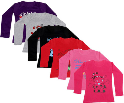 

IndiWeaves Girls Printed Cotton T Shirt(Multicolor, Pack of 6, Black;grey;pink;purple;red