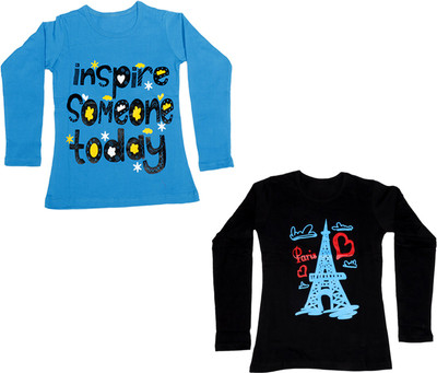 

IndiWeaves Girls Printed Cotton T Shirt(Multicolor, Pack of 2, Black;blue