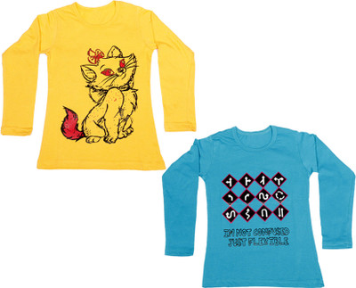 

IndiWeaves Girls Printed Cotton T Shirt(Multicolor, Pack of 2, Blue;yellow
