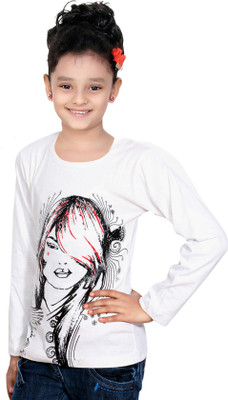 

IndiWeaves Girls Printed Cotton T Shirt(White, Pack of 1