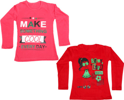 

IndiWeaves Girls Printed Cotton T Shirt(Multicolor, Pack of 2, Pink;red